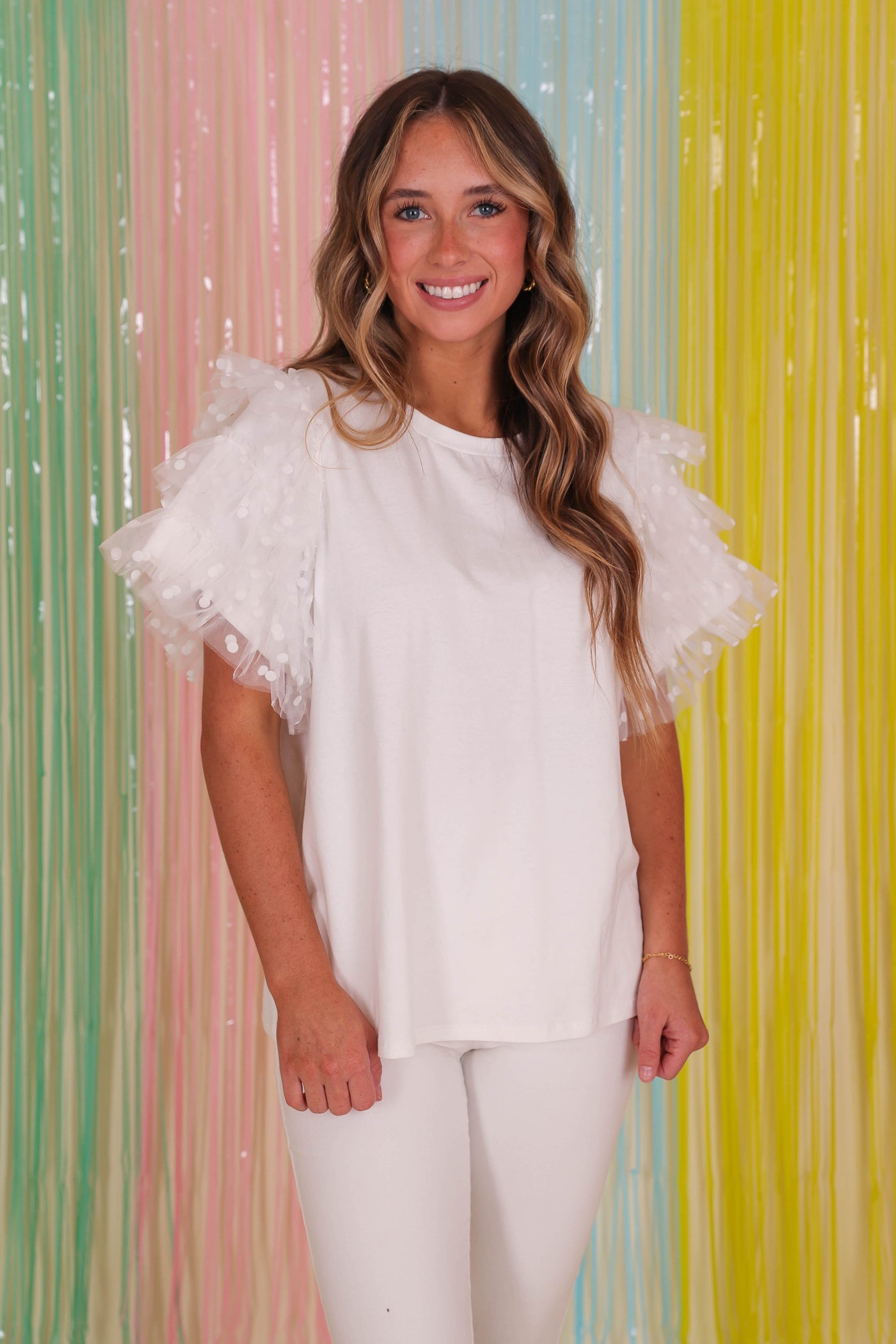 White T-Shirt With Ruffles- Women's Ruffle Top- Entro White Top