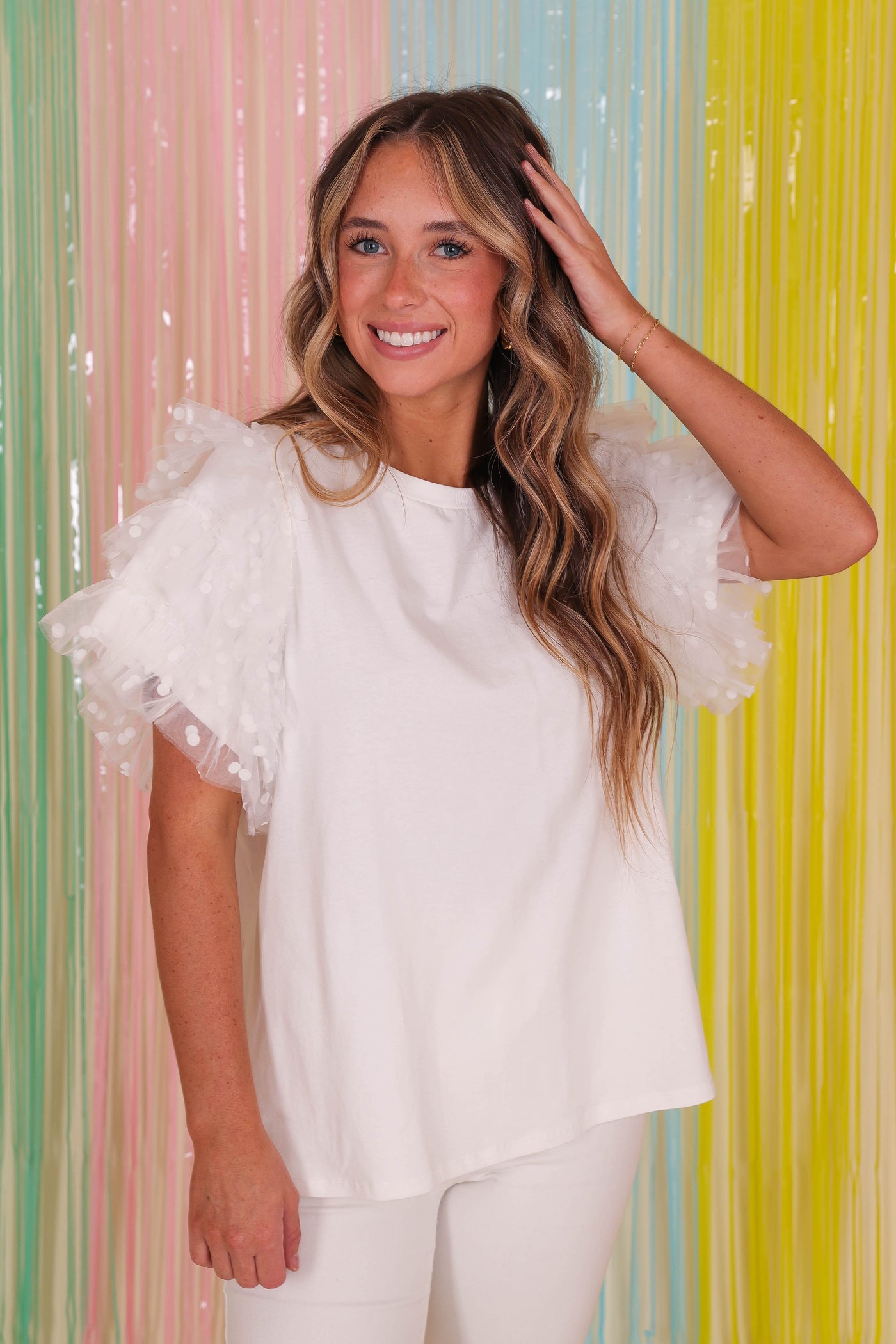 White T-Shirt With Ruffles- Women's Ruffle Top- Entro White Top