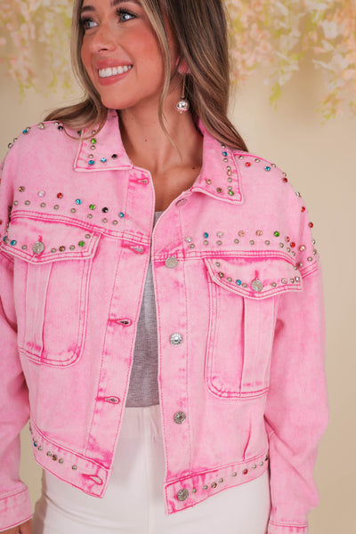 Hot Pink Acid Wash Jacket- Pink Denim Rhinestone Jacket- Timing Denim Jacket