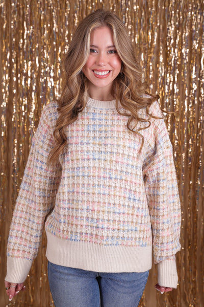 Women's Pastel Tweed Sweater- Women's Chic Tweed Sweater