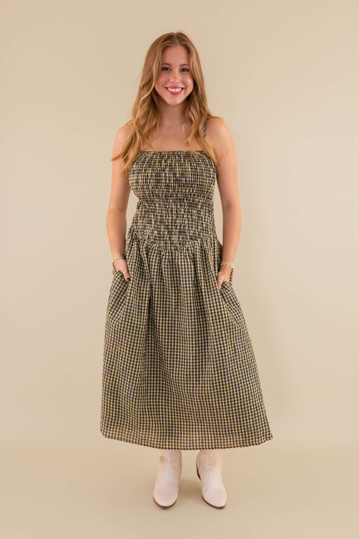 Gingham Smocked Midi Dress- Smocked Front Bodice Dress- Creamon Gingham Dress