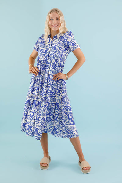 Women's Collared Midi Dress- Blue and White Print Midi