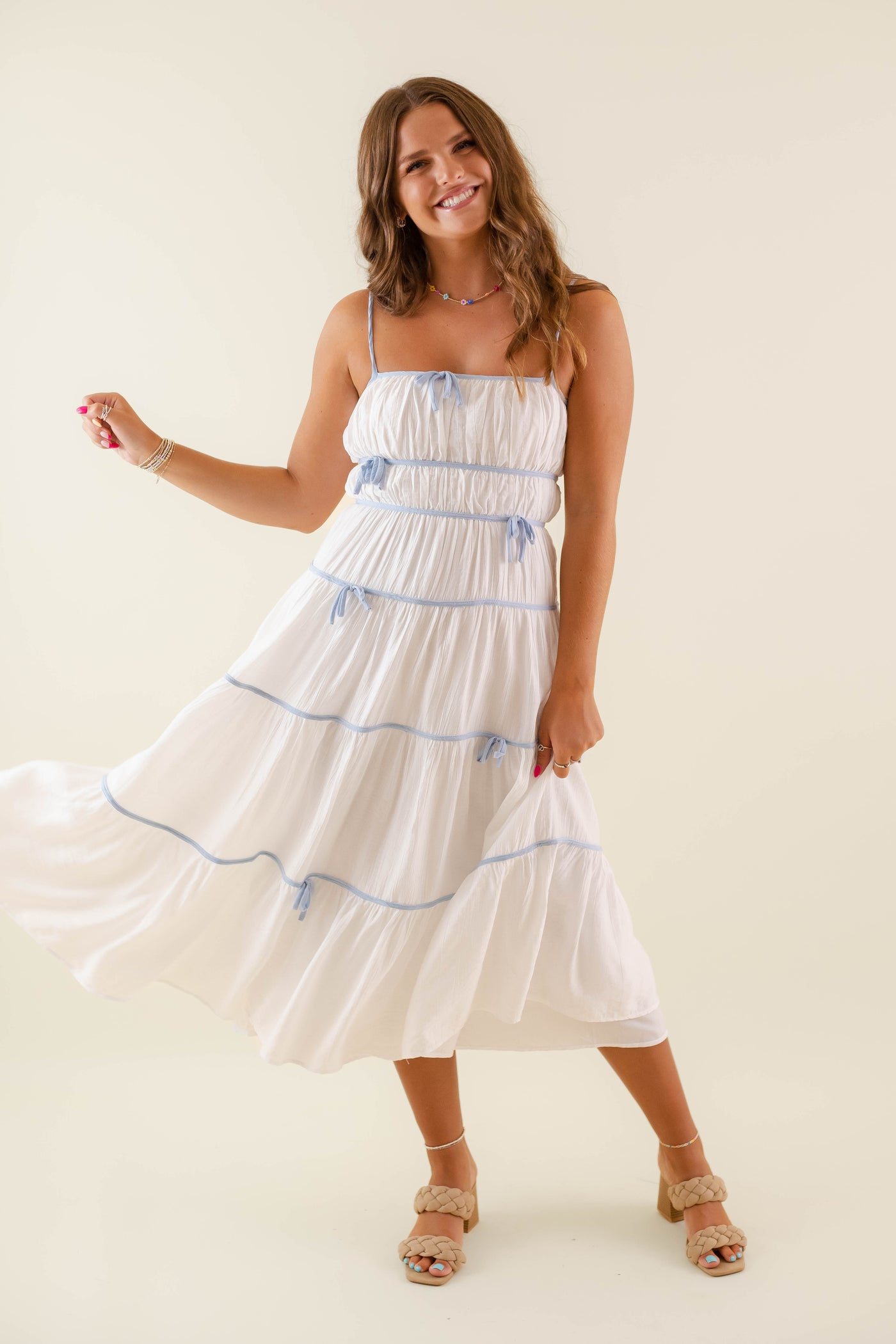 Women's Blue Bow Dress- Dainty Bow Midi Dress- Women's Preppy Dresses