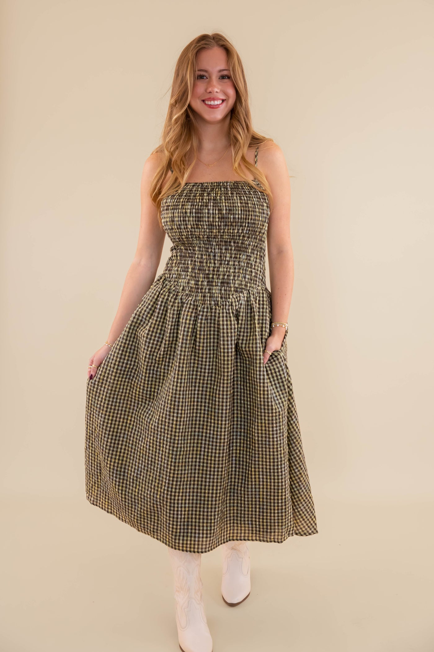 Gingham Smocked Midi Dress- Smocked Front Bodice Dress- Creamon Gingham Dress