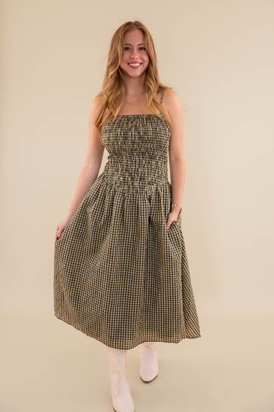 Gingham Smocked Midi Dress- Smocked Front Bodice Dress- Creamon Gingham Dress