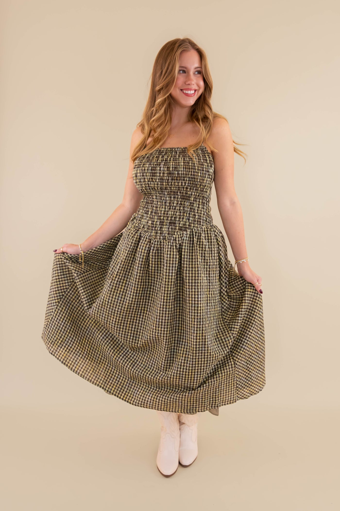 Gingham Smocked Midi Dress- Smocked Front Bodice Dress- Creamon Gingham Dress