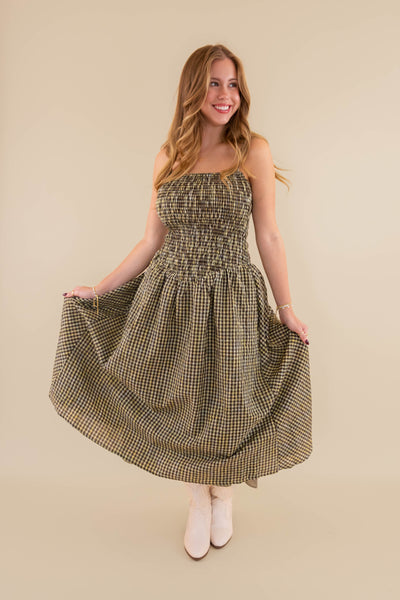 Gingham Smocked Midi Dress- Smocked Front Bodice Dress- Creamon Gingham Dress