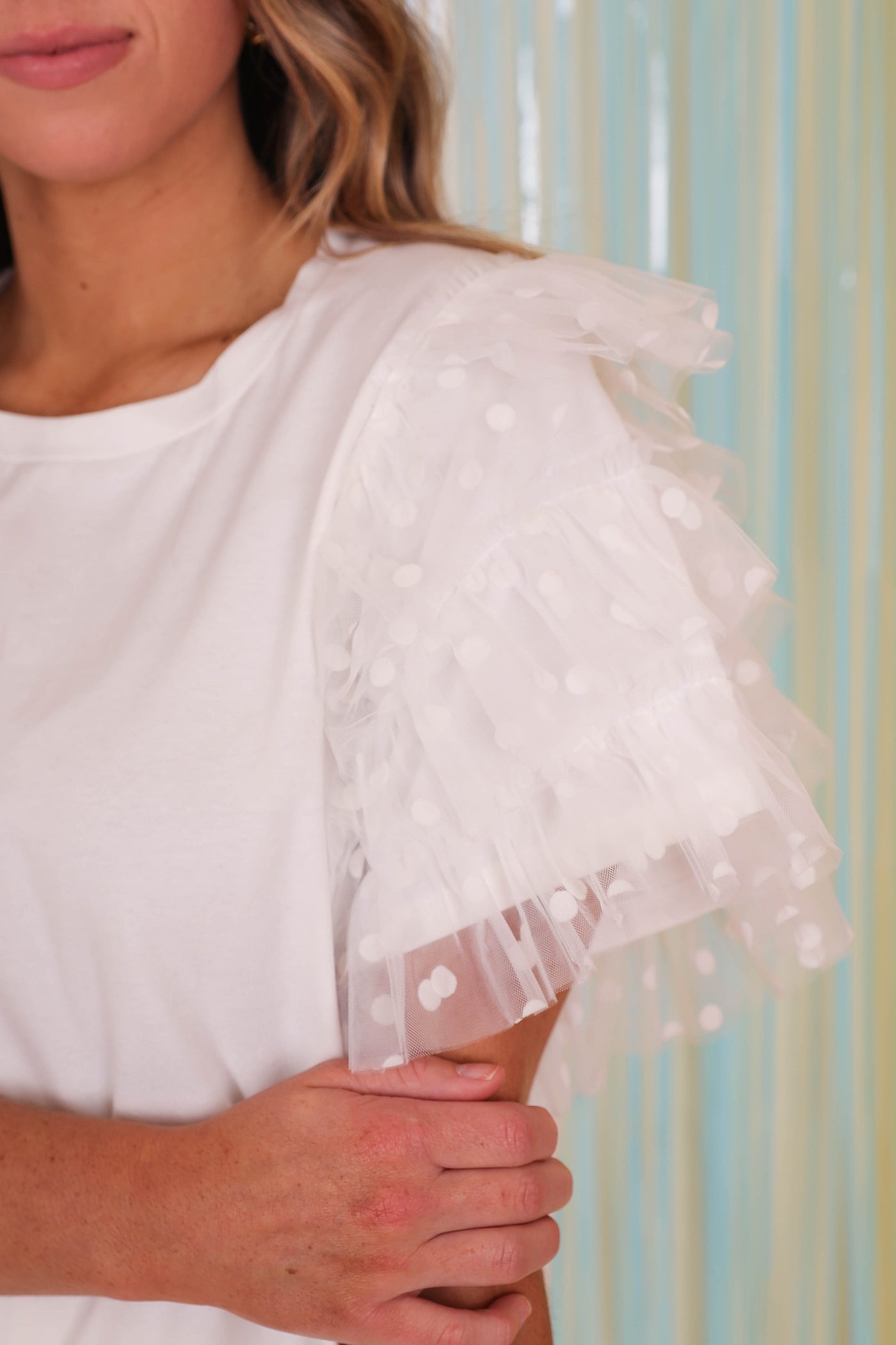 White T-Shirt With Ruffles- Women's Ruffle Top- Entro White Top