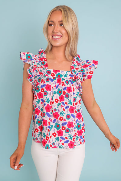 Women's Retro Print Blouse- Bright Floral Print Top- Jodifl Ruffle Tops