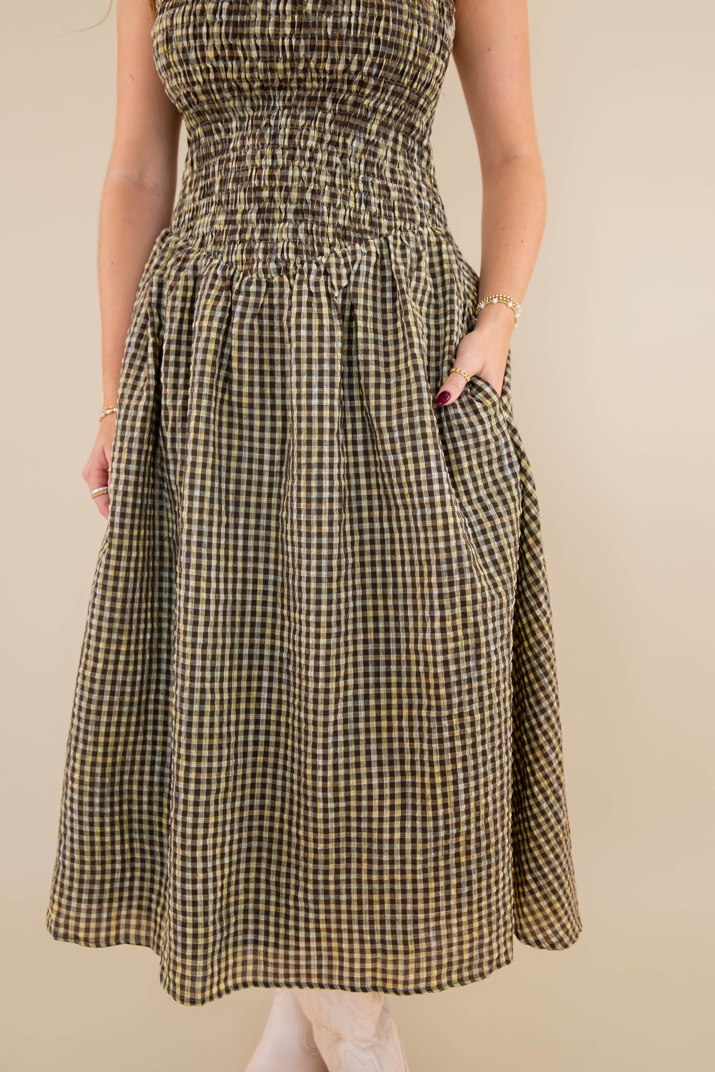 Gingham Smocked Midi Dress- Smocked Front Bodice Dress- Creamon Gingham Dress