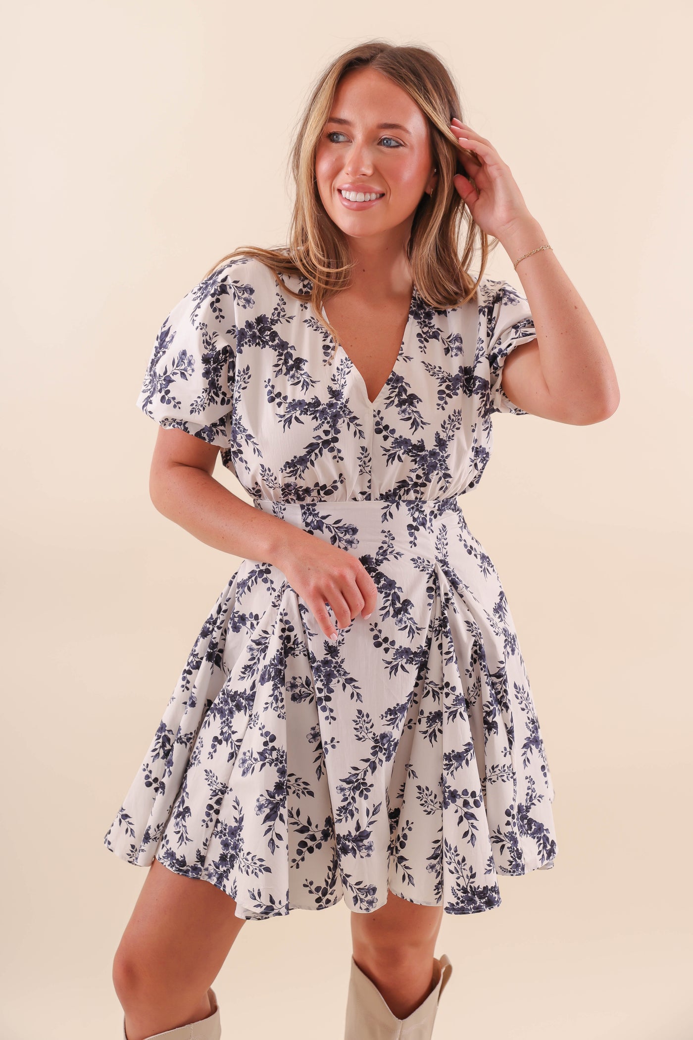 White and Navy Floral Dress- Fit and Flare Floral Dress