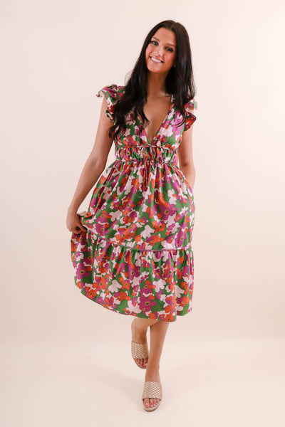 Cute Floral Print Midi Dress- Women's Cotton Dresses- Aureum Midi Dress