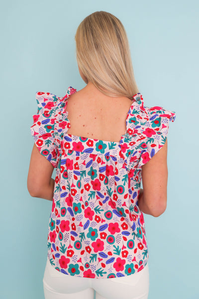 Women's Retro Print Blouse- Bright Floral Print Top- Jodifl Ruffle Tops