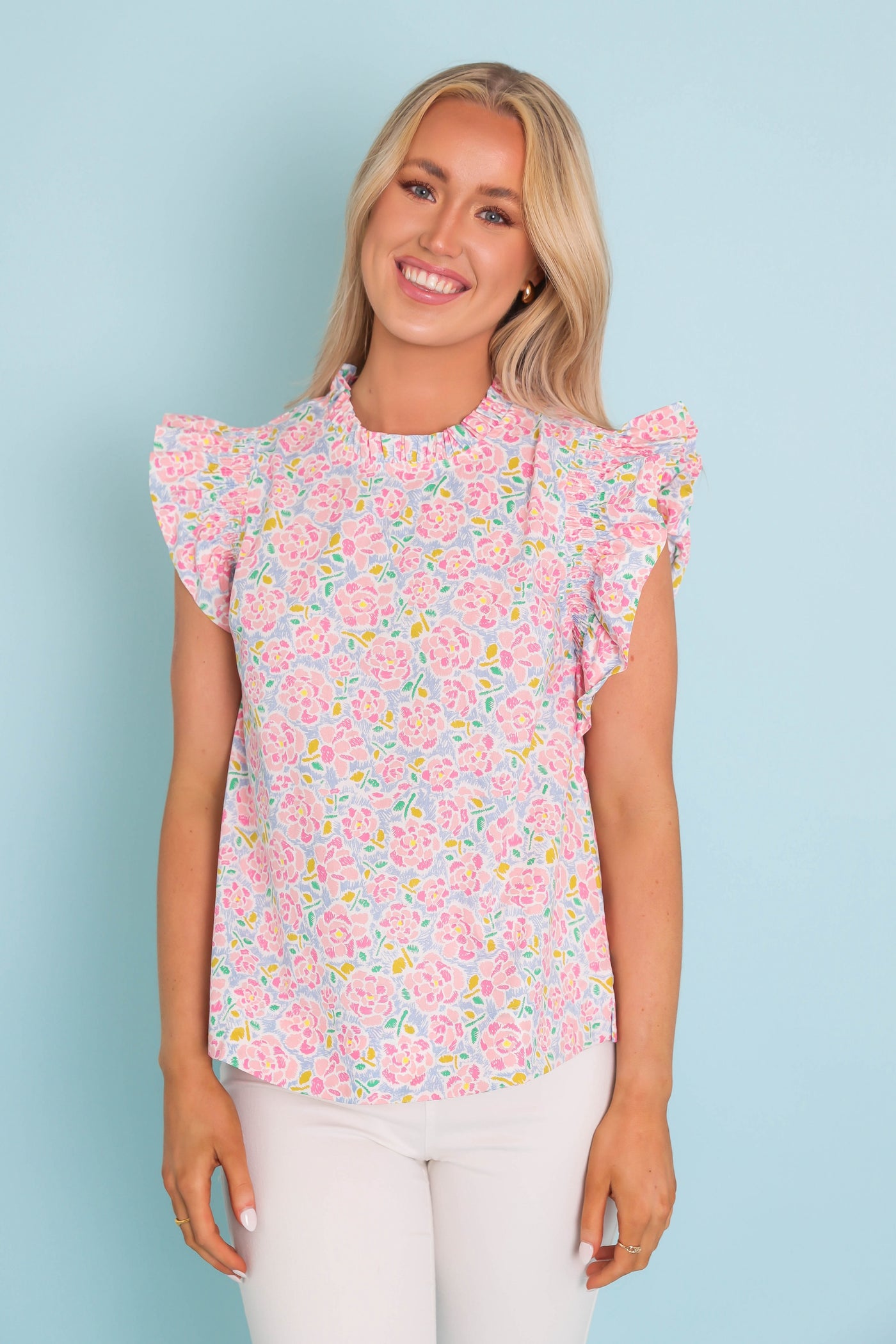 Colorful Flower Print Blouse- Women's Bright Ruffle Blouse- Jodifl Preppy Top