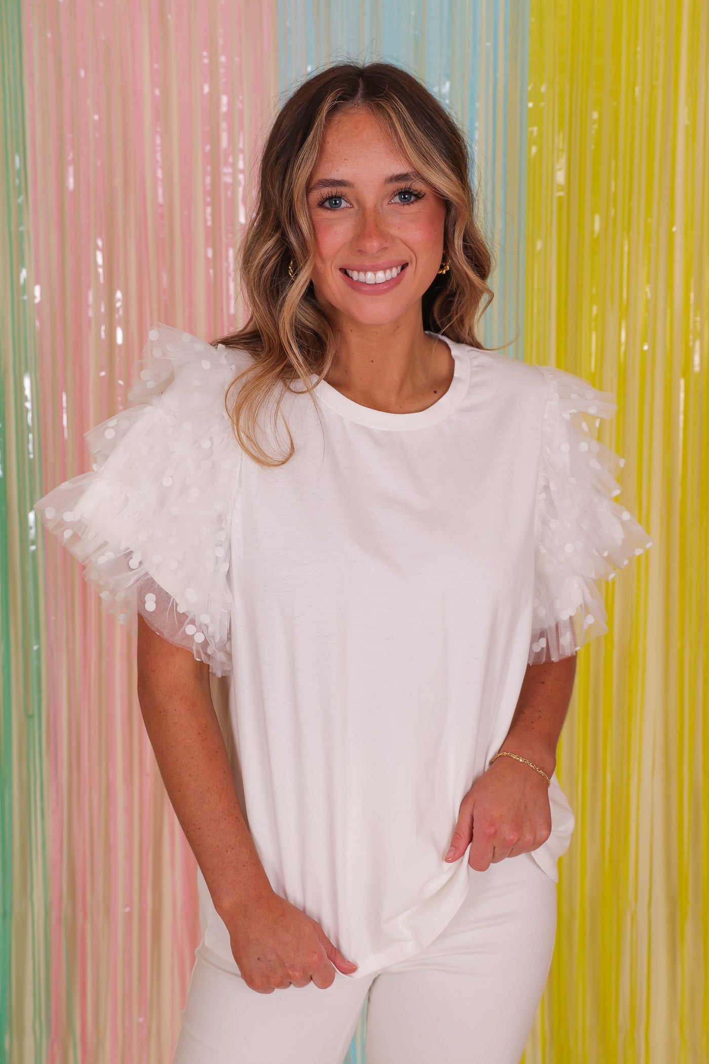 White T-Shirt With Ruffles- Women's Ruffle Top- Entro White Top