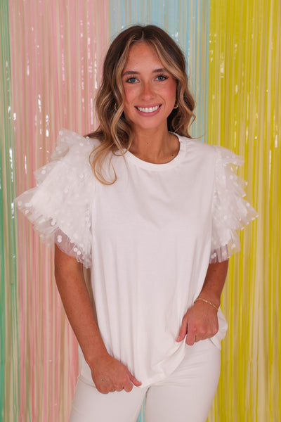 White T-Shirt With Ruffles- Women's Ruffle Top- Entro White Top