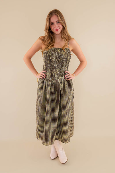 Gingham Smocked Midi Dress- Smocked Front Bodice Dress- Creamon Gingham Dress
