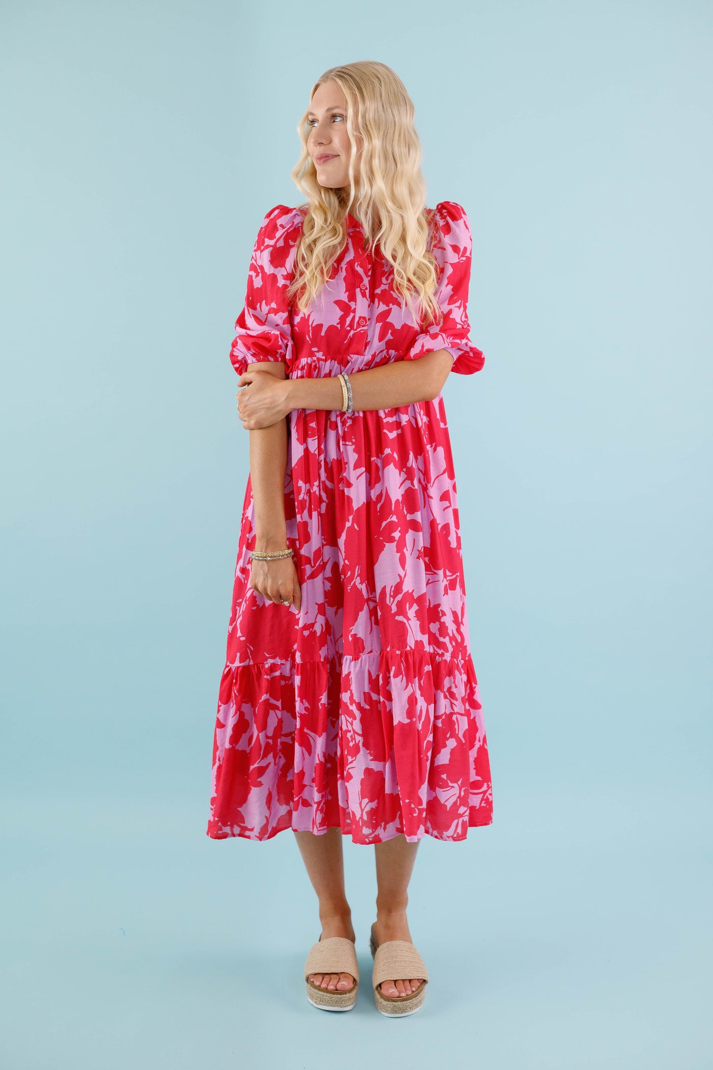 Red and Pink Floral Midi Dress- Women's Collared Midi Dress