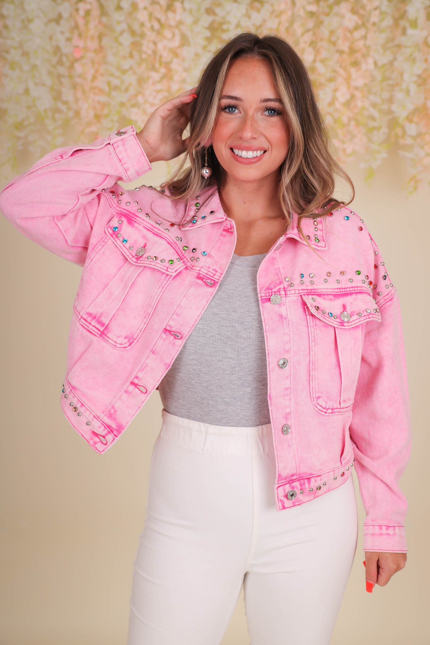 Hot Pink Acid Wash Jacket- Pink Denim Rhinestone Jacket- Timing Denim Jacket