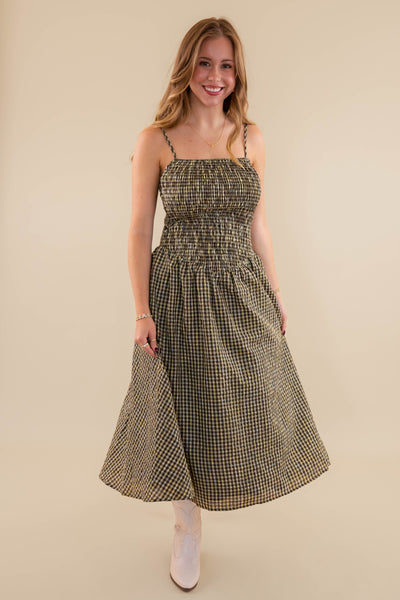 Gingham Smocked Midi Dress- Smocked Front Bodice Dress- Creamon Gingham Dress