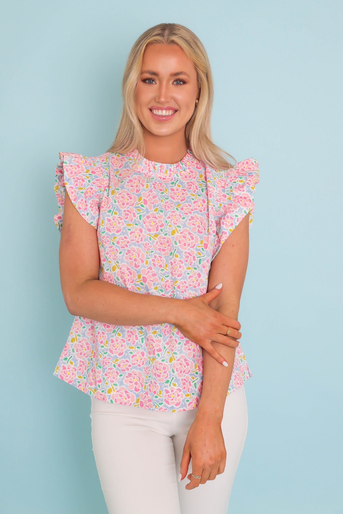 Colorful Flower Print Blouse- Women's Bright Ruffle Blouse- Jodifl Preppy Top