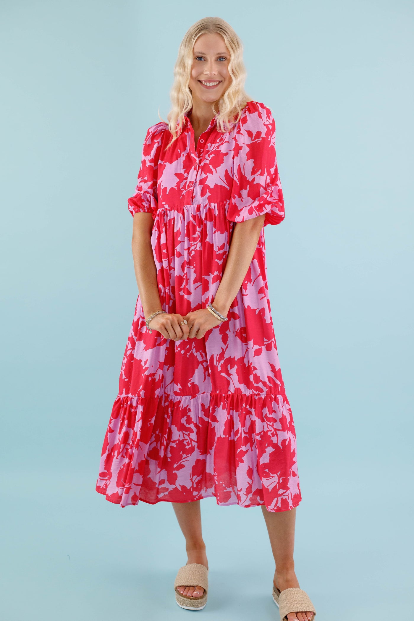 Red and Pink Floral Midi Dress- Women's Collared Midi Dress