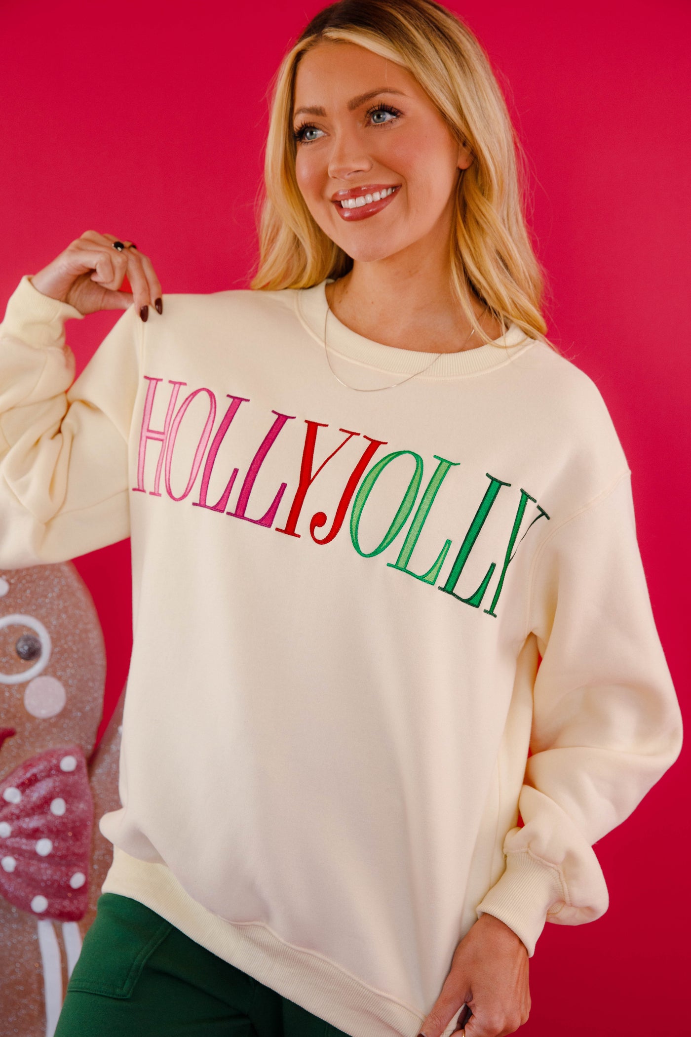 Holly Jolly Embroidered Sweatshirt- Fleece Lined Christmas Pullover- Peach Love Holly Jolly Pullover