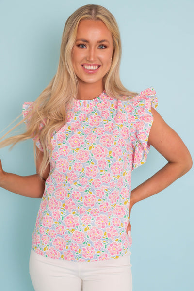 Colorful Flower Print Blouse- Women's Bright Ruffle Blouse- Jodifl Preppy Top