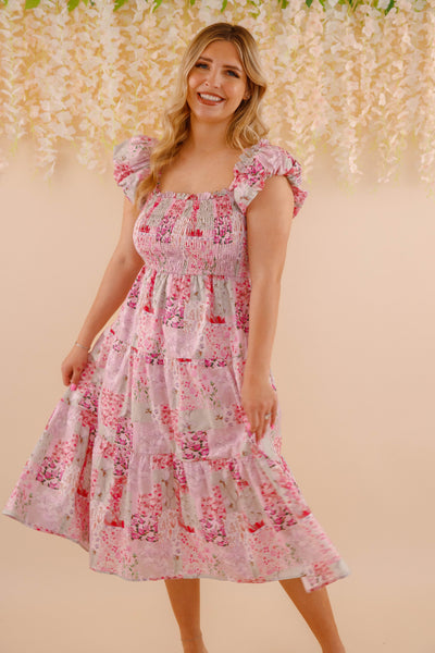 Floral Patchwork Midi Dress- Pink Feminine Floral Midi Dress- Patchwork Midi Dress by Aureum