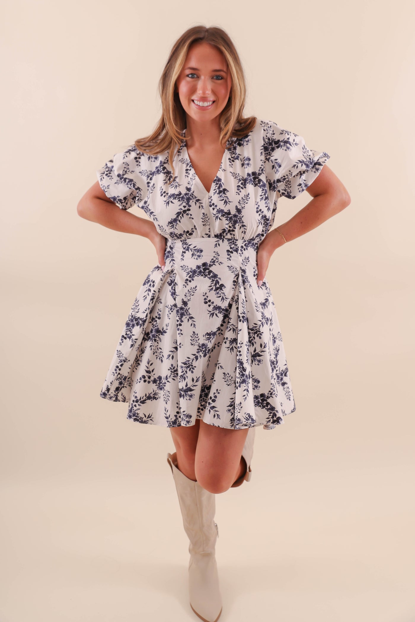 White and Navy Floral Dress- Fit and Flare Floral Dress