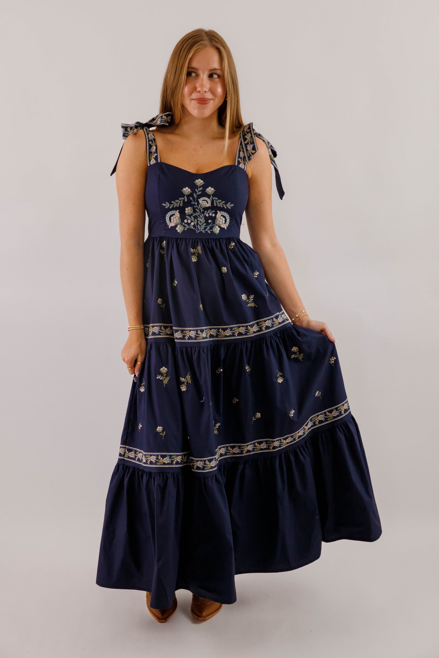 Navy Blue Embroidered Maxi- Women's Boho Style Dresses- Mable Maxi Dress