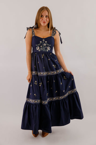 Navy Blue Embroidered Maxi- Women's Boho Style Dresses- Mable Maxi Dress