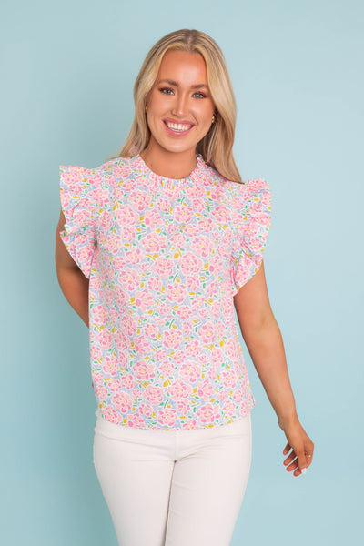 Colorful Flower Print Blouse- Women's Bright Ruffle Blouse- Jodifl Preppy Top