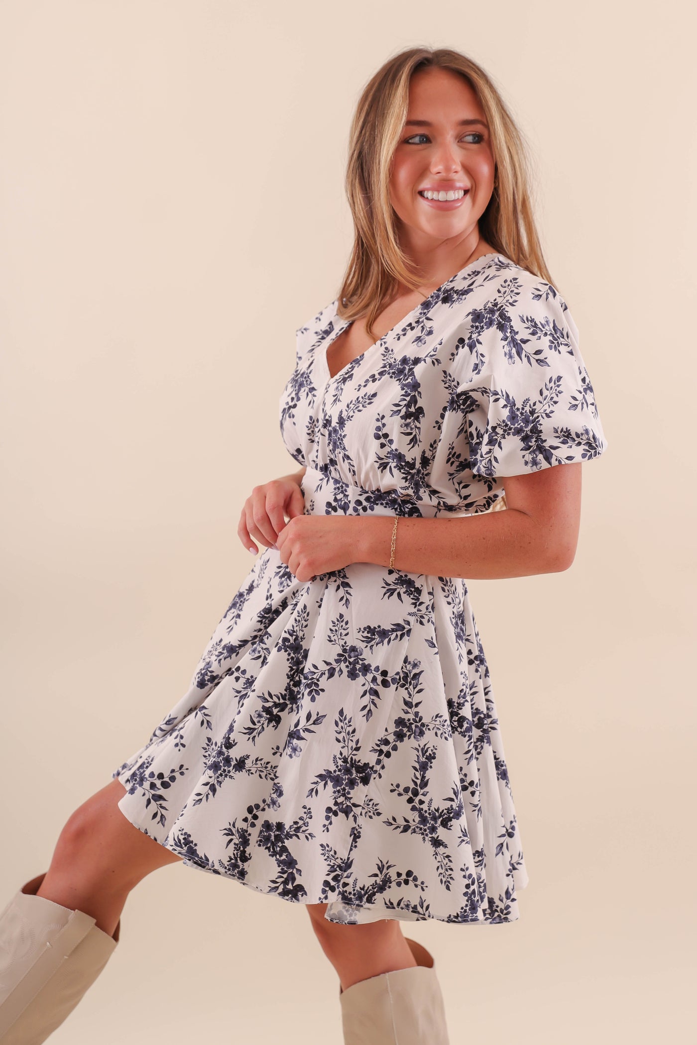 White and Navy Floral Dress- Fit and Flare Floral Dress