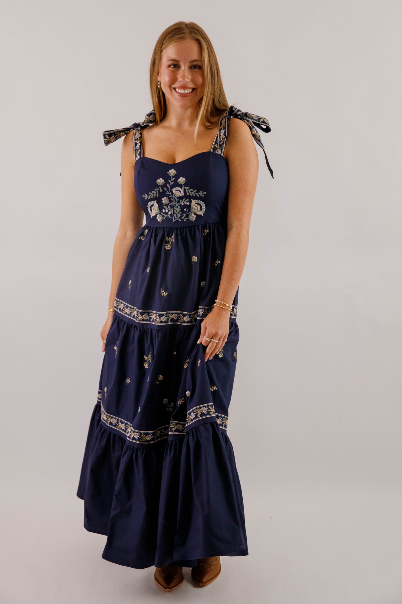 Navy Blue Embroidered Maxi- Women's Boho Style Dresses- Mable Maxi Dress