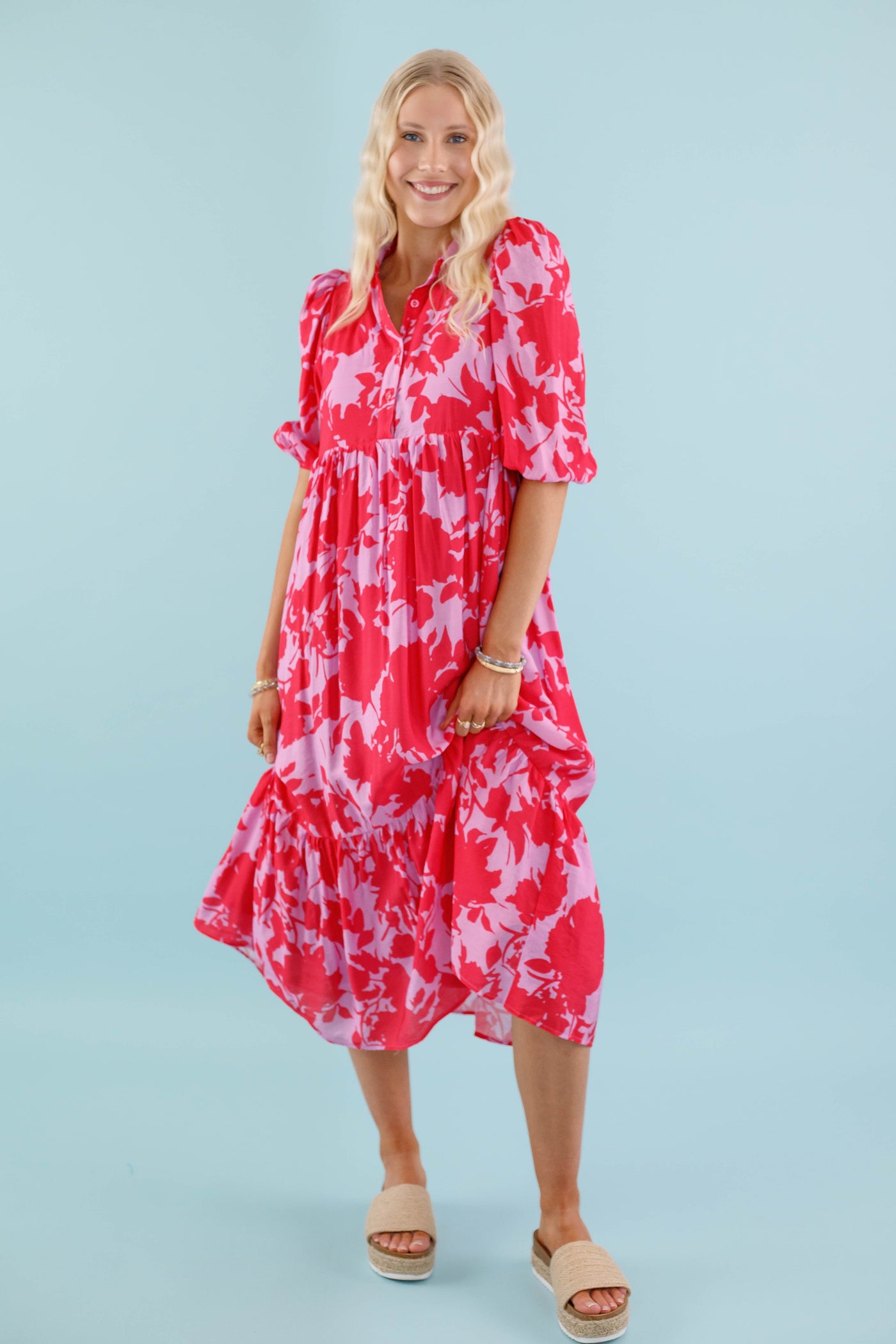 Red and Pink Floral Midi Dress- Women's Collared Midi Dress