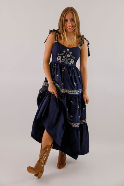 Navy Blue Embroidered Maxi- Women's Boho Style Dresses- Mable Maxi Dress