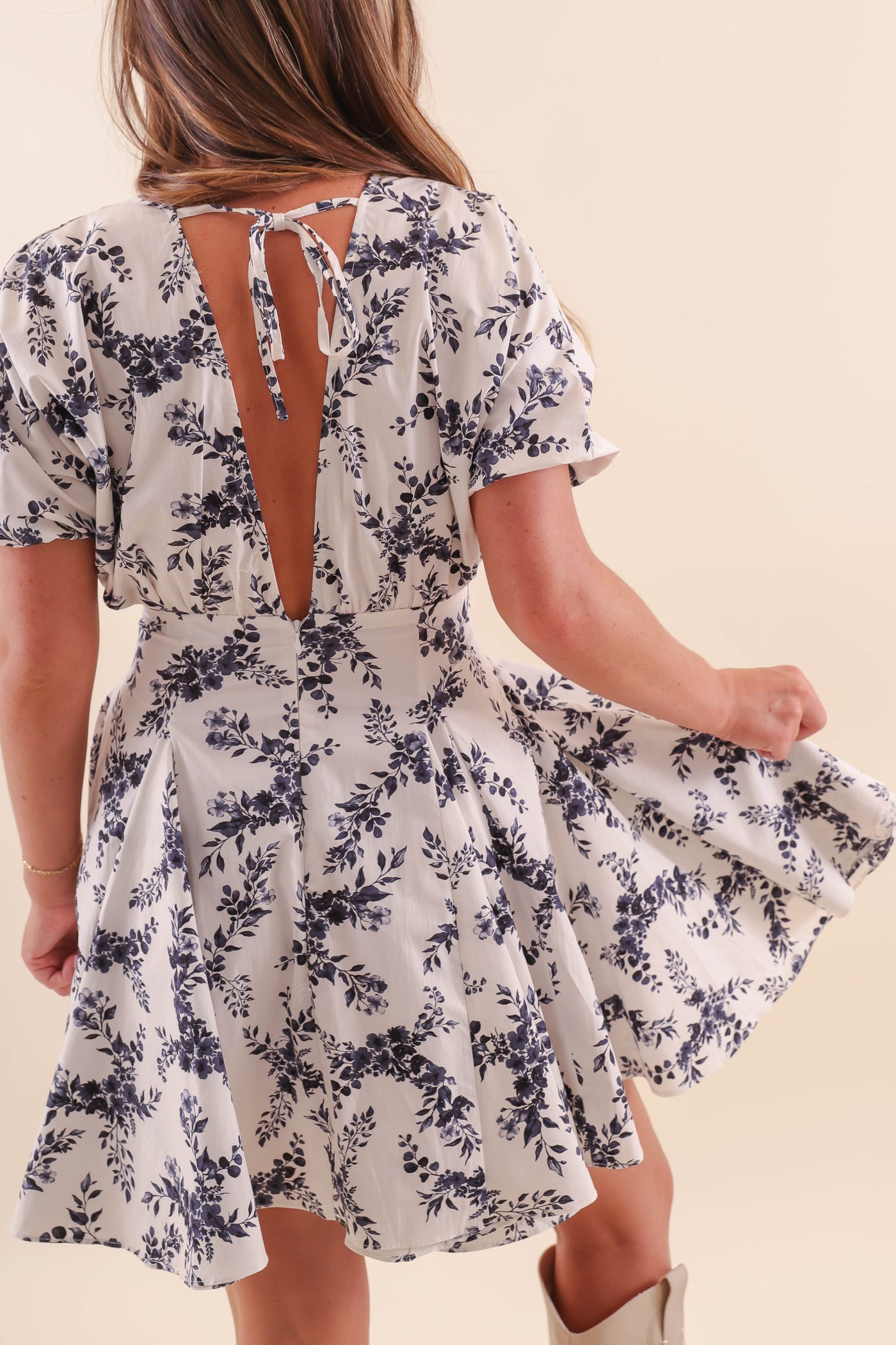 White and Navy Floral Dress- Fit and Flare Floral Dress