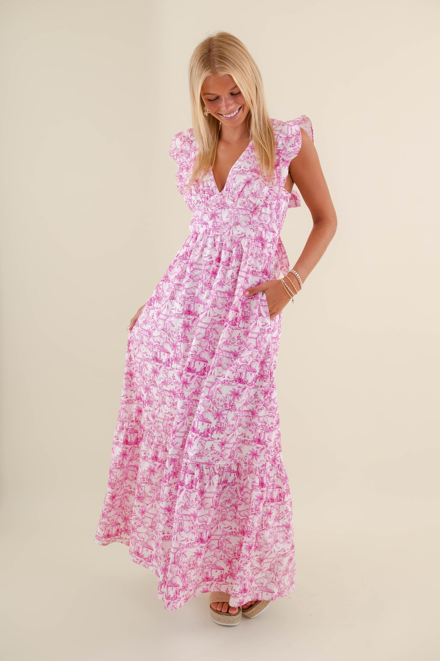 Tropical Print Dress- Pink Maxi Dress- Coastal Grandmother Dresses