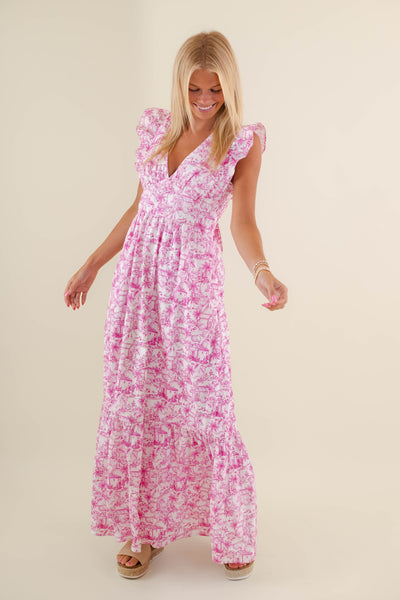 Tropical Print Dress- Pink Maxi Dress- Coastal Grandmother Dresses