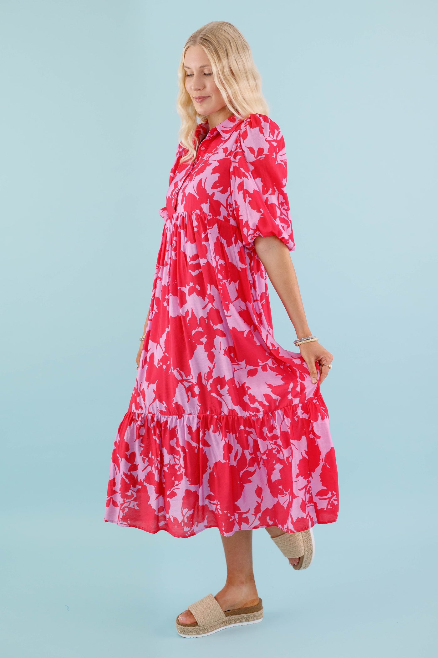 Red and Pink Floral Midi Dress- Women's Collared Midi Dress