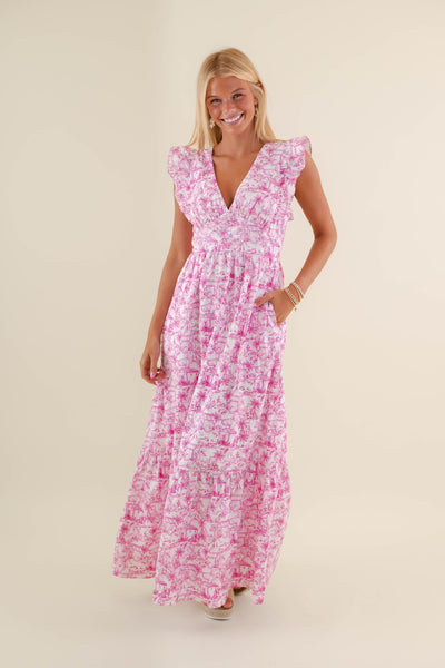 Tropical Print Dress- Pink Maxi Dress- Coastal Grandmother Dresses