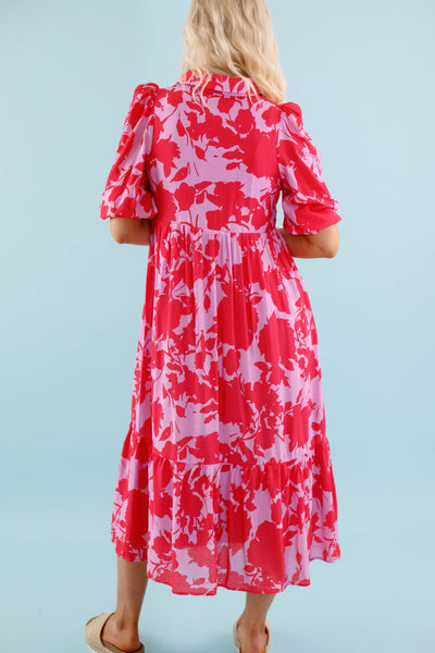 Red and Pink Floral Midi Dress- Women's Collared Midi Dress