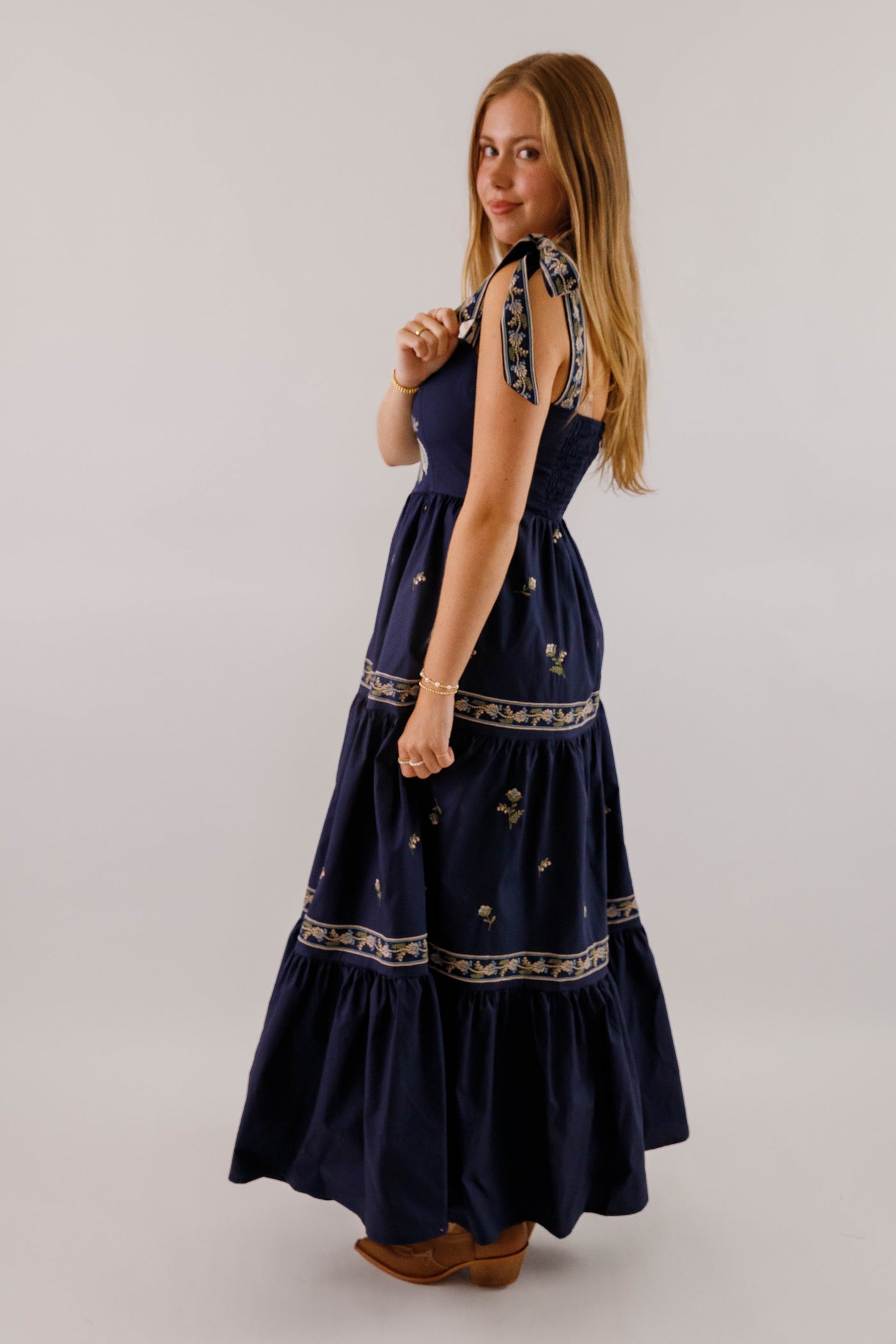 Navy Blue Embroidered Maxi- Women's Boho Style Dresses- Mable Maxi Dress