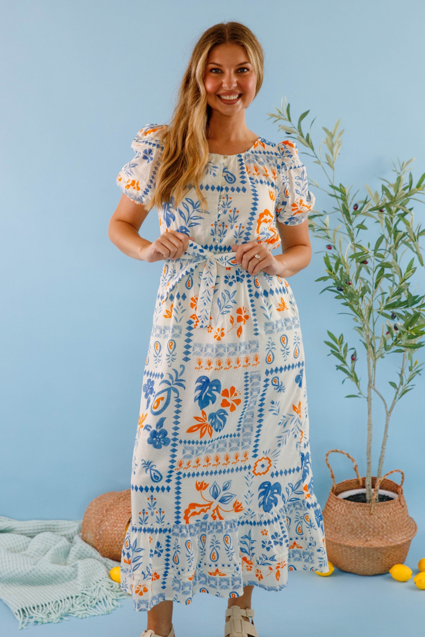  Bila77 Midi Dress- Women's Blue and White Printed Dress- Cotton Dresses for Women