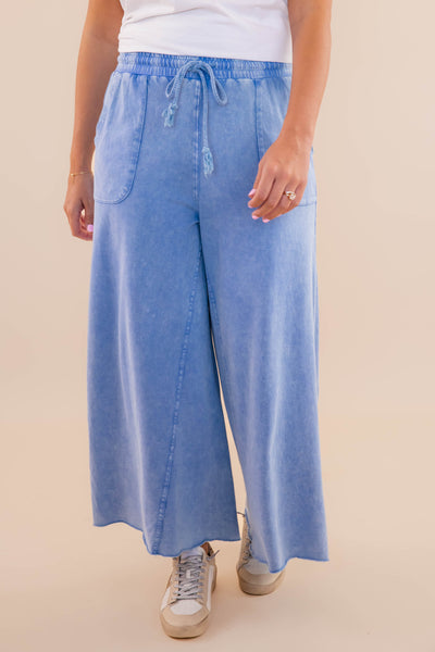 Denim Blue Mineral Wash Travel Pants- Comfy Blue Cropped Pants- Easel Cropped Pants