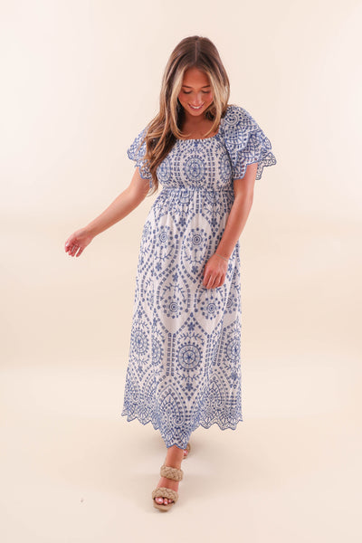 Women's White And Blue Maxi Dress- Blue Embroidered Maxi- Women's Coastal Dresses