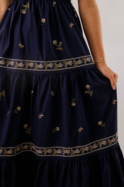 Navy Blue Embroidered Maxi- Women's Boho Style Dresses- Mable Maxi Dress