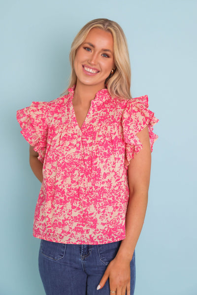 Women's Feminine Print Blouse- Women's Pink Ruffle Top- &Merci Floral Print Blouse