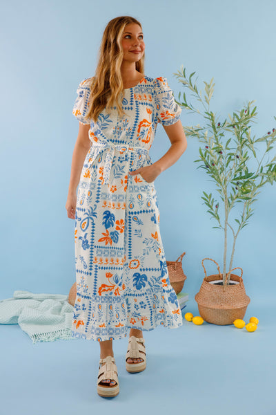  Bila77 Midi Dress- Women's Blue and White Printed Dress- Cotton Dresses for Women